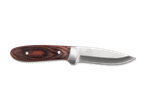 Ein Jagdmesser mit Holzgriff und silberner Klinge.