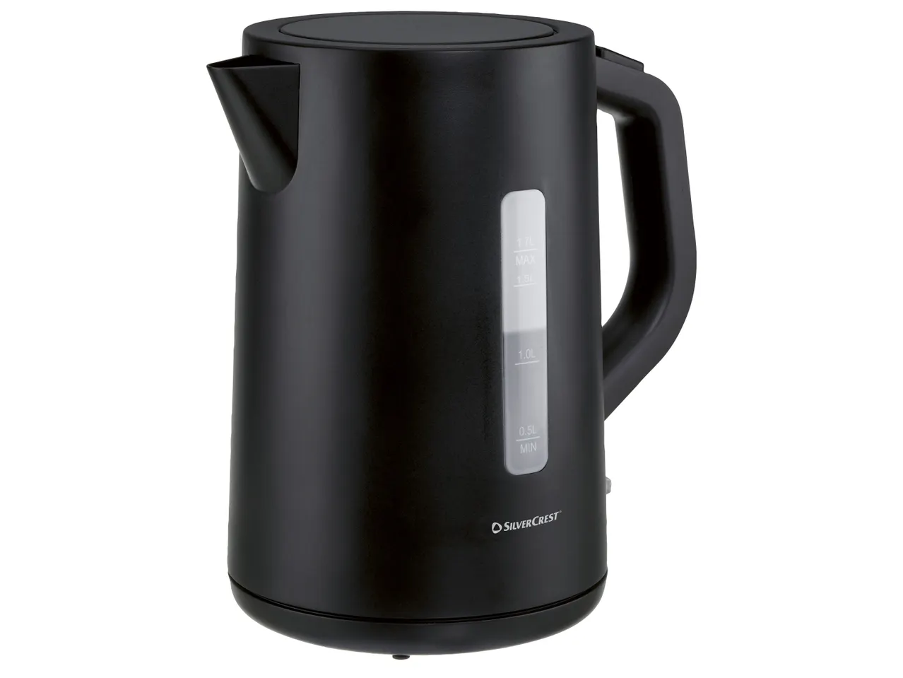 Черна електрическа кана Silvercrest® с прозорец за нивото на водата и маркировки за обем.
