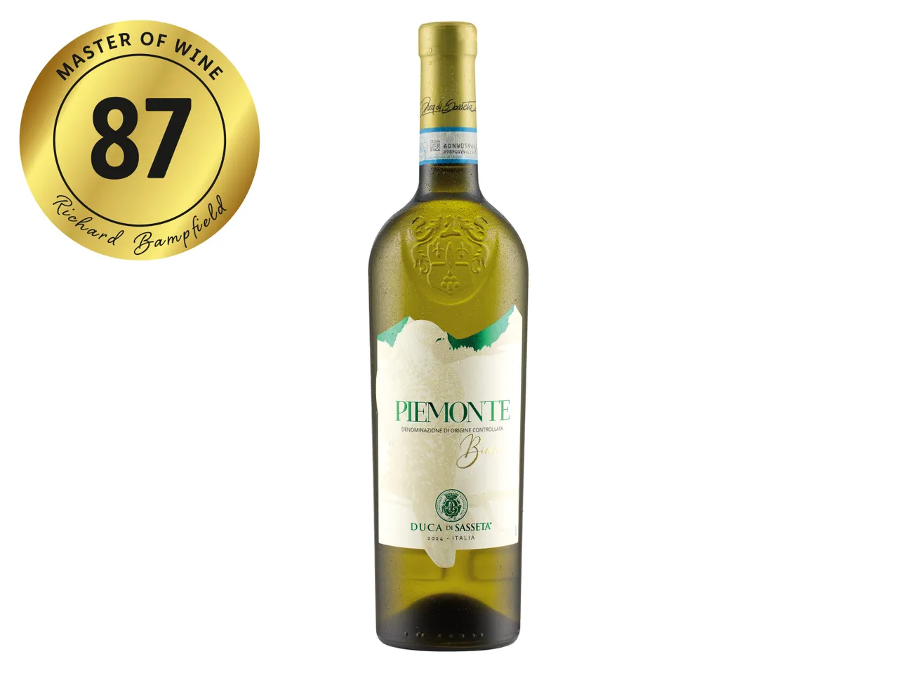 A bottle of Duca di Sasseta Piemonte wine with an 87-point Master of Wine rating.