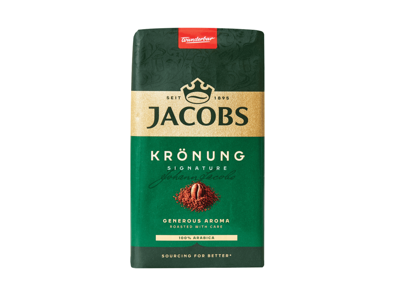 Maltas kafijas iepakojums ar uzrakstiem «KRÖNUNG», «GENEROUS AROMA» un «100% ARABICA».