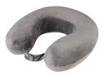 A gray U-shaped neck pillow with a button clasp.