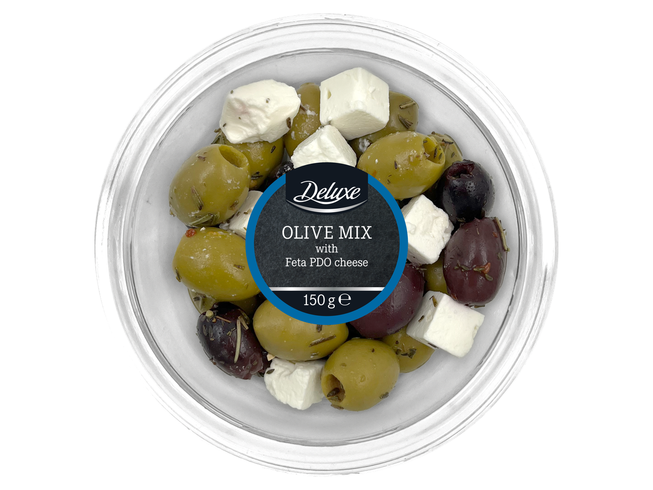 Deluxe olīvu un Feta PDO sieru maisījums (150g) caurspīdīgā traukā.