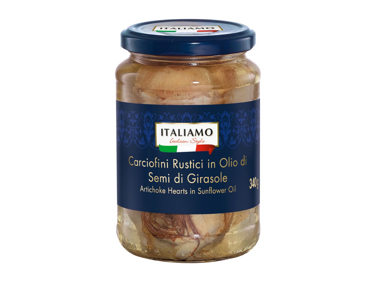 Jar of artichoke hearts in sunflower oil, with a blue label and Italian flag design.