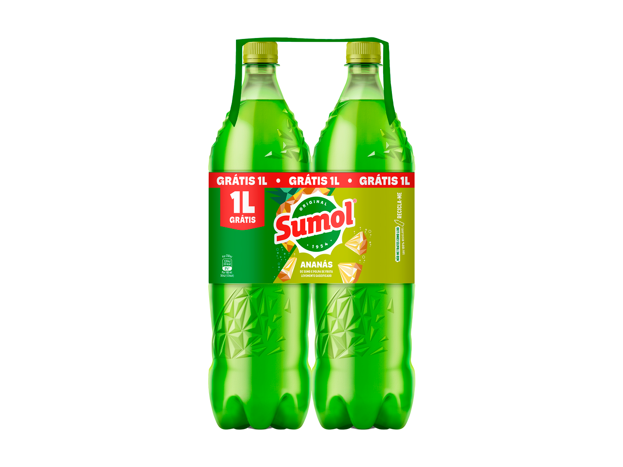 Pack de 2 garrafas de Sumol Ananás, com 1L grátis, em fundo branco.