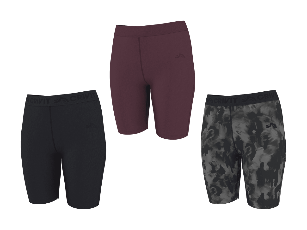 Drei Damen-Sportshorts: eine schwarze, eine bordeauxfarbene und eine graue Camouflage-Shorts.