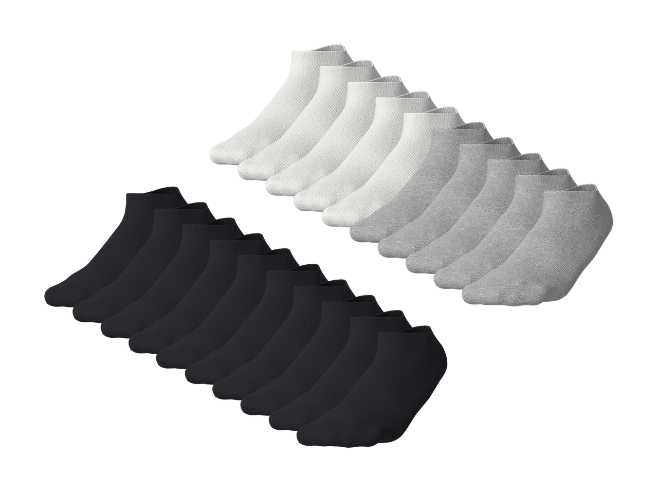 Deux rangées de chaussettes : en haut des chaussettes blanches et grises, en bas des chaussettes noires.