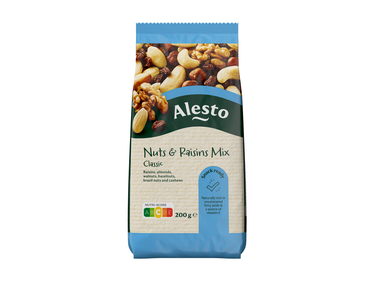 Alesto Classic noten- en rozijnenmix, 200g, rijk aan onverzadigde vetzuren.