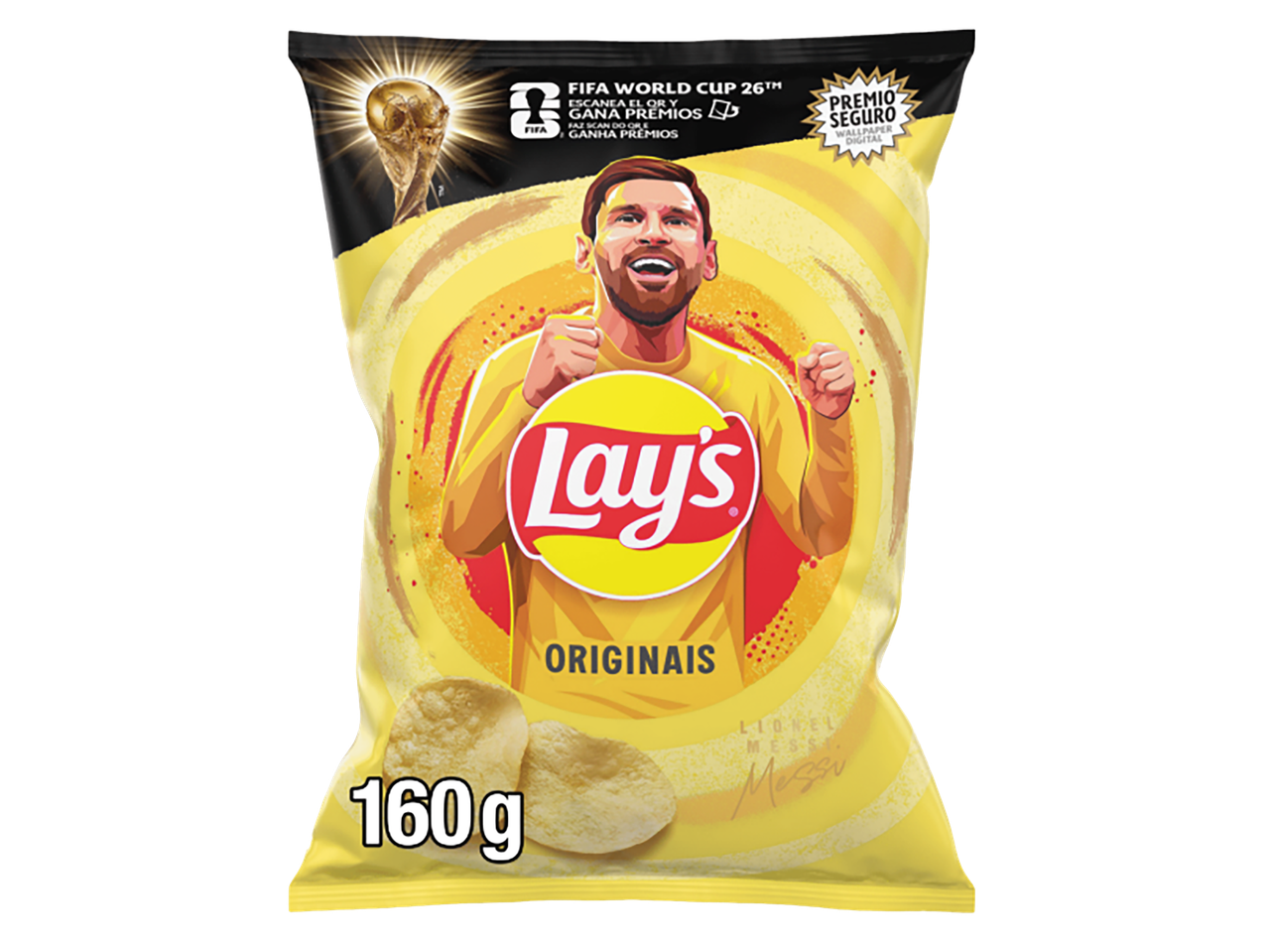 Saco de batatas fritas com o jogador de futebol Lionel Messi, 160g, edição FIFA World Cup.