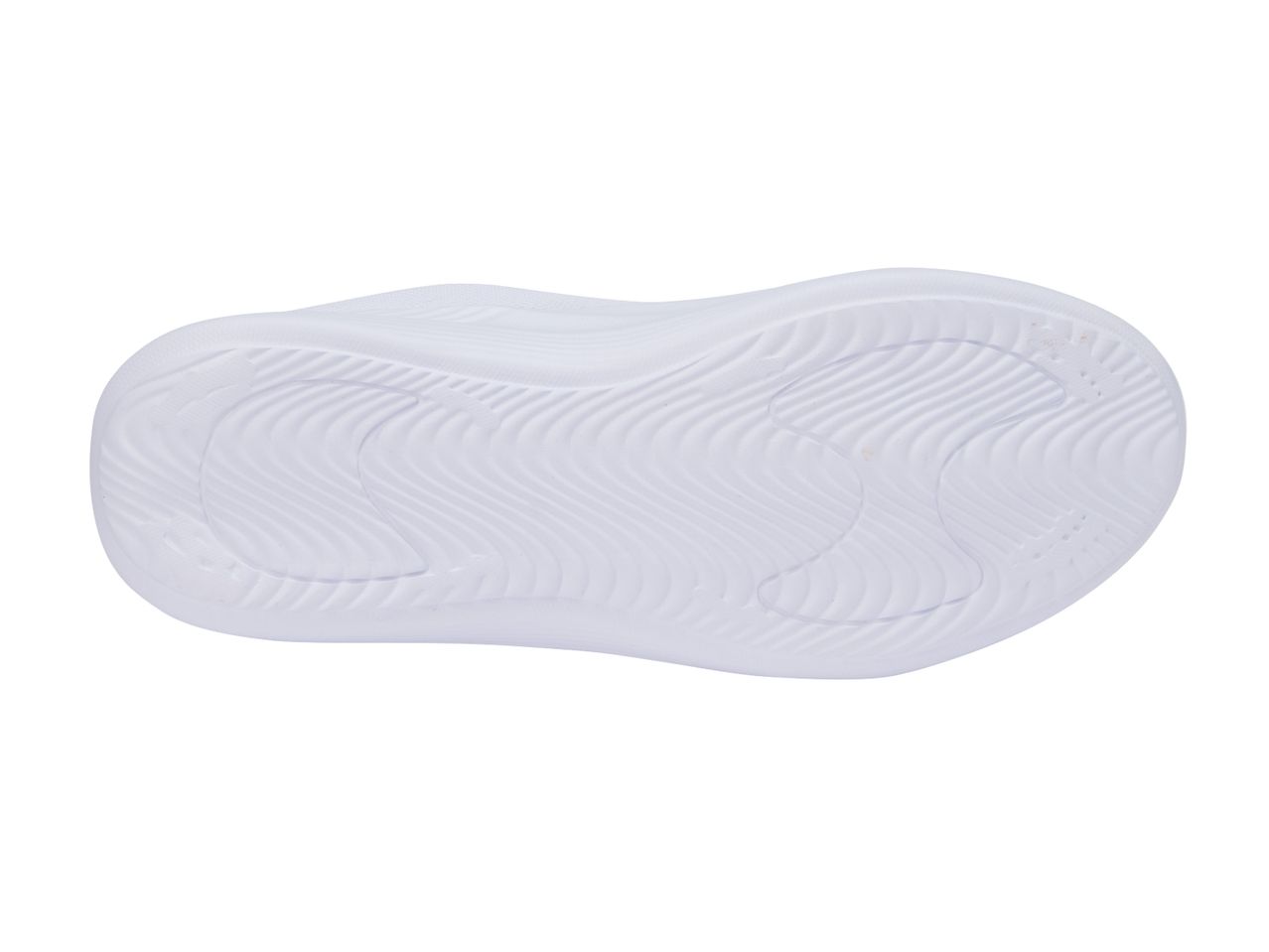 Bottom view of a white shoe sole with a wavy pattern