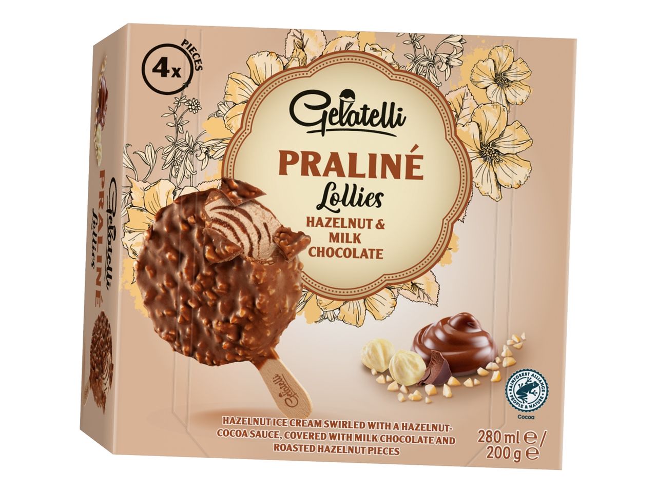Embalaža sladoleda Chio praline, okus mlečne čokolade in lešnikov.