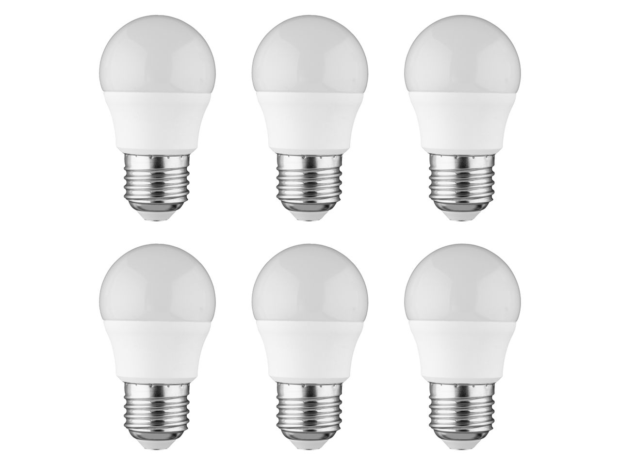 Six LED light bulbs are arranged in a grid pattern against a white background.