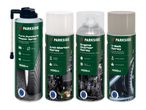 Plasti Dip purškimo dažų rinkinys: valiklis, skaidrus, matinė ir pilka spalvos.
