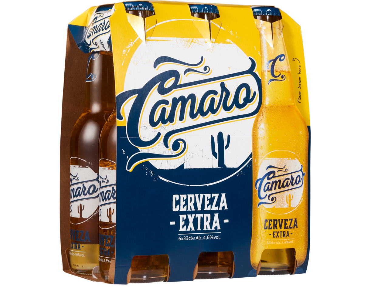 Zespack Camaró Extra Cerveza bierflesjes in een geel-blauwe doos.