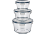 Stack of three round glass food storage containers with clear lids and blue seals.