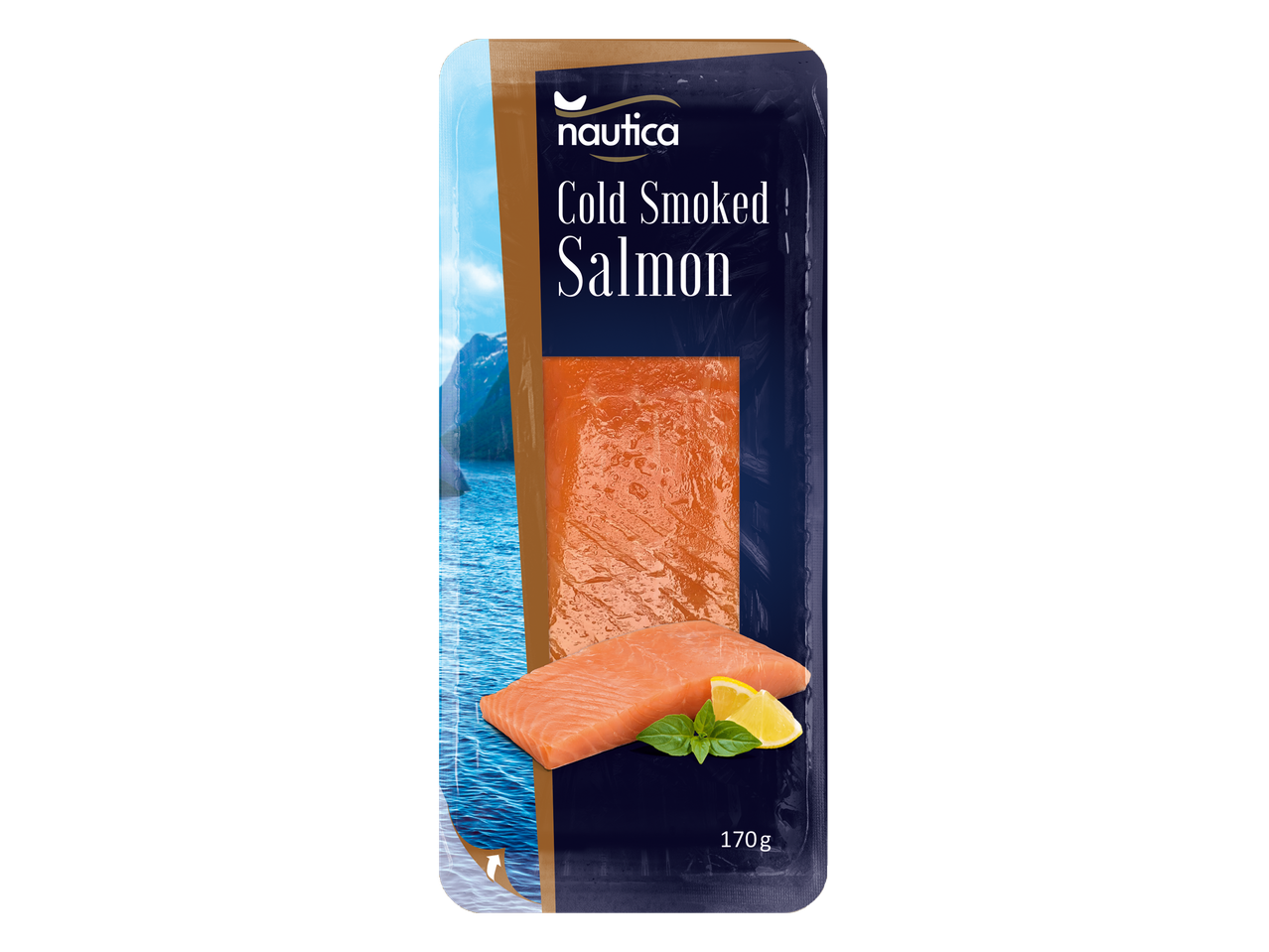 Nautica auksti kūpinātas laša iepakojums.