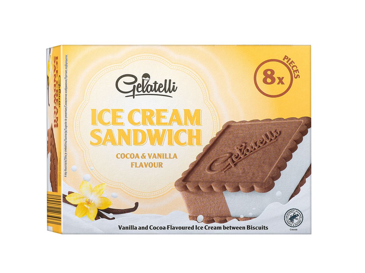 Κουτί Gelatelli Ice Cream Sandwich με γεύση κακάο και βανίλια, 8 τεμάχια.