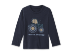 Dunkelblaues Langarmshirt für Kinder mit einem Traktor-Motiv aus Pailletten und der Aufschrift „TRACTOR ADVENTURE“.