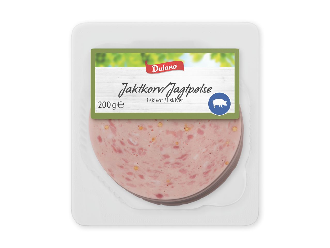 Pakket jagtpølse i skiver, 200g, med et billede af en gris på etiketten.