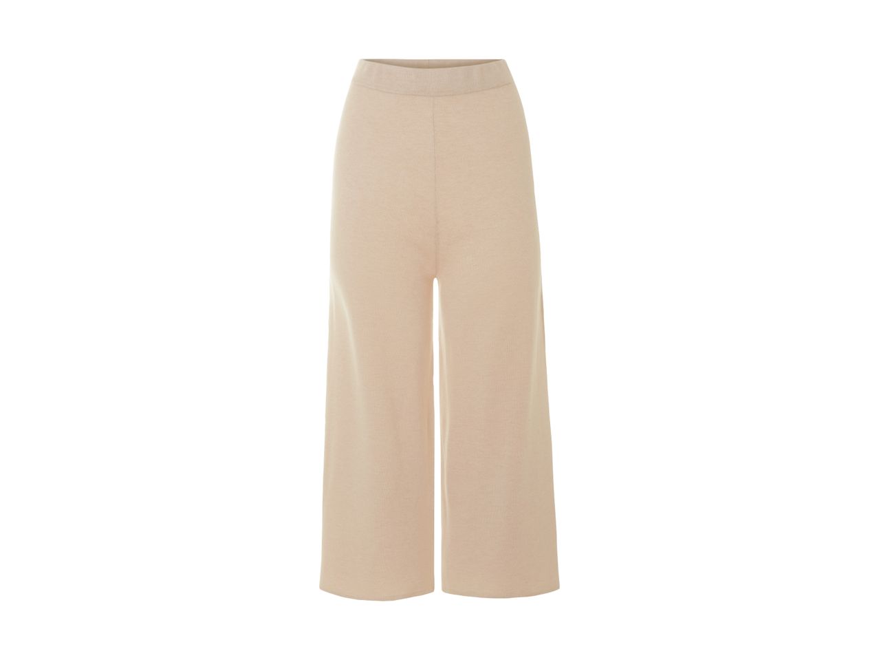 Beige strikkede bukser med brede ben og elastisk talje.