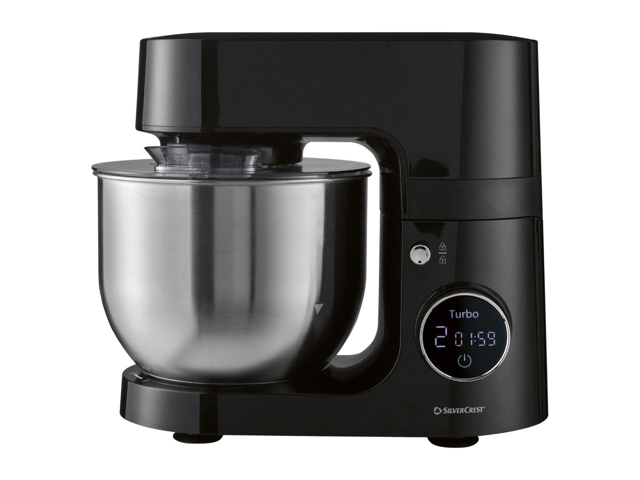 A black stand mixer with a stainless steel bowl and a digital display showing 'Turbo 2 01:59'.
