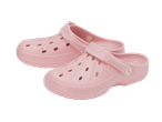 Une paire de sabots en caoutchouc rose clair avec des trous d'aération et une bride arrière.