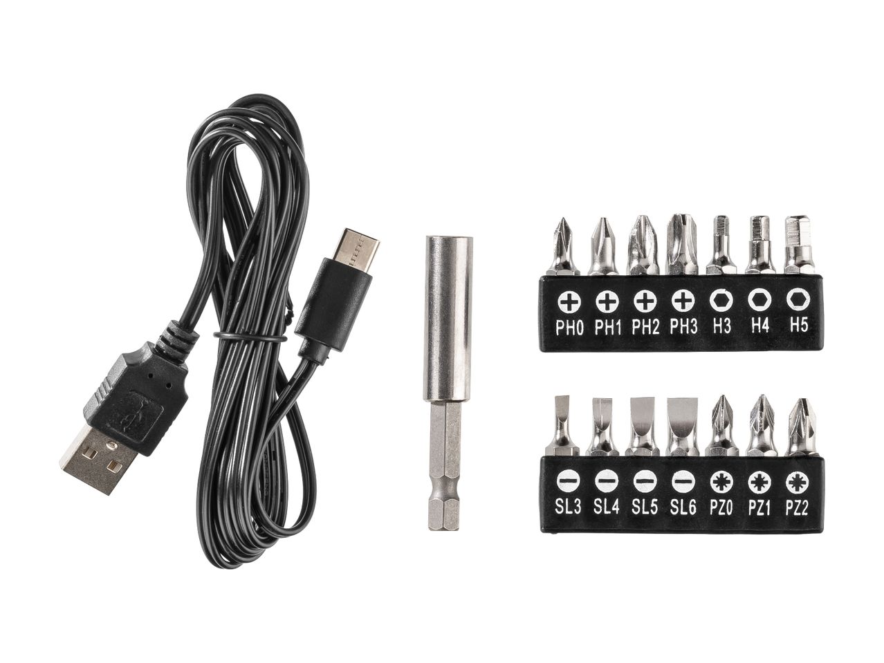 A USB rechargeable electric screwdriver with various interchangeable bits.