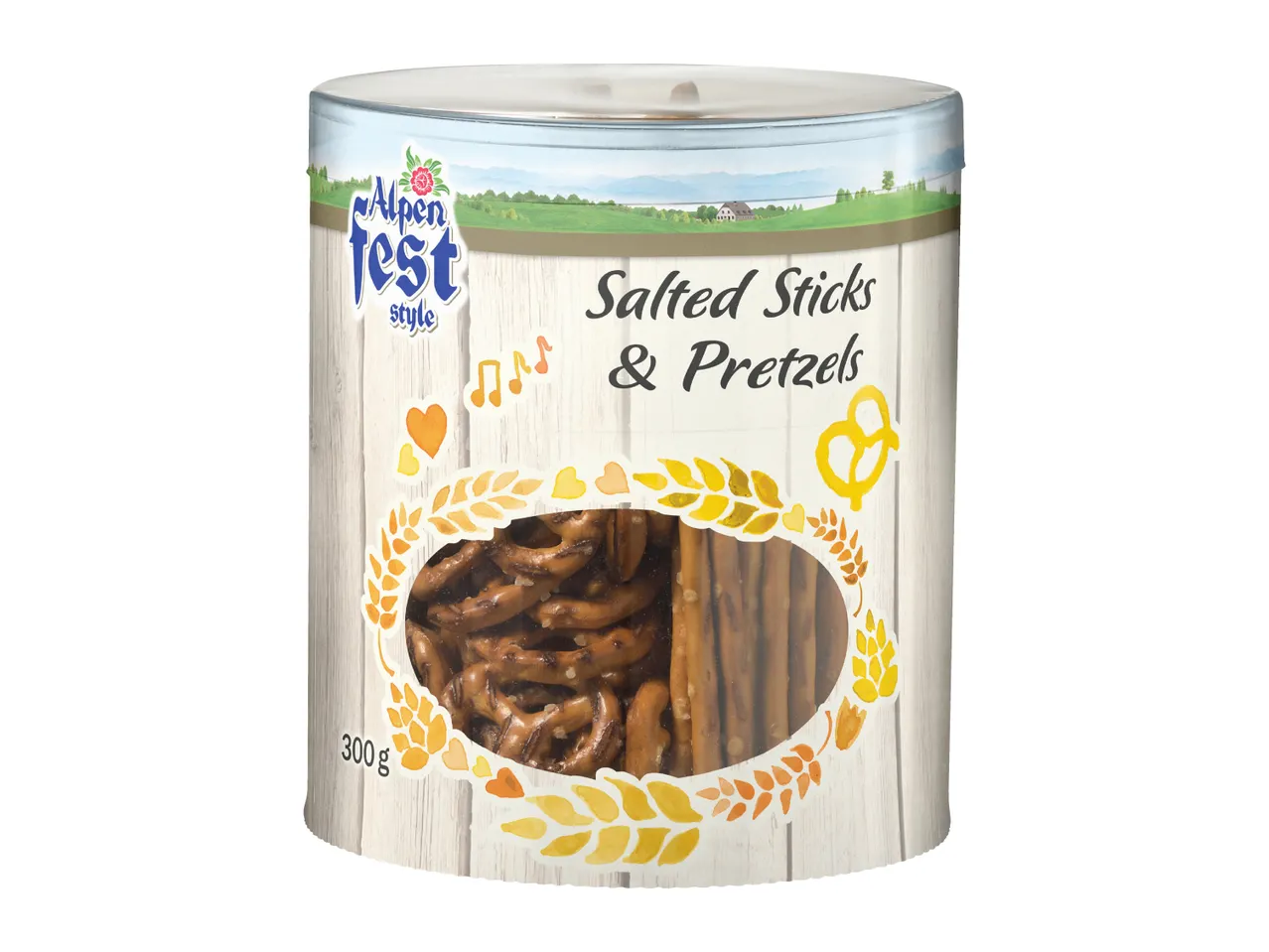A 300g tub of salted pretzel sticks and pretzels.