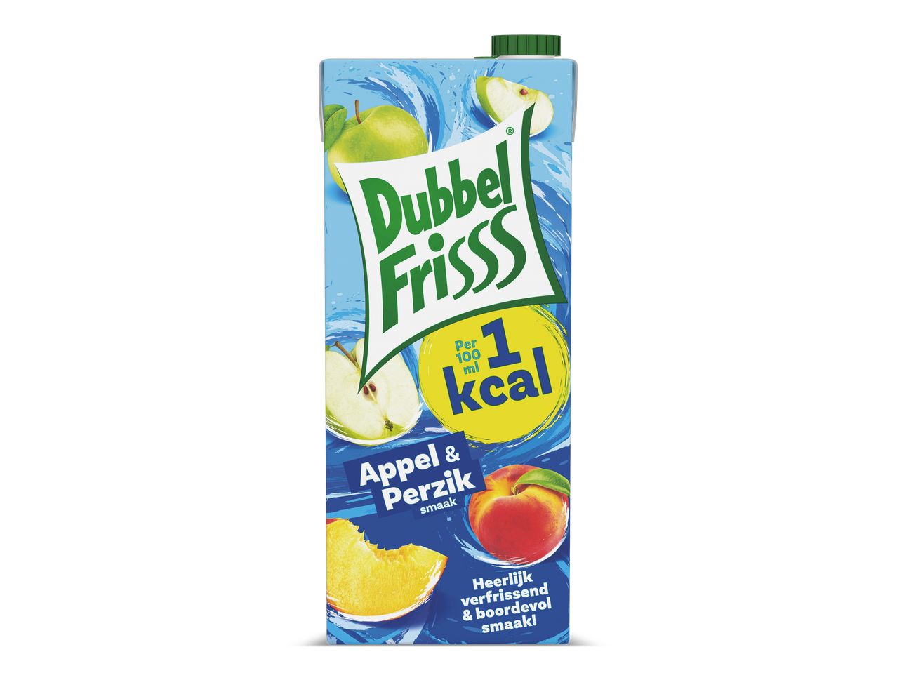 Een pak appelsap en perziksap met 1 kcal per 100 ml, met afbeeldingen van appels en perziken.