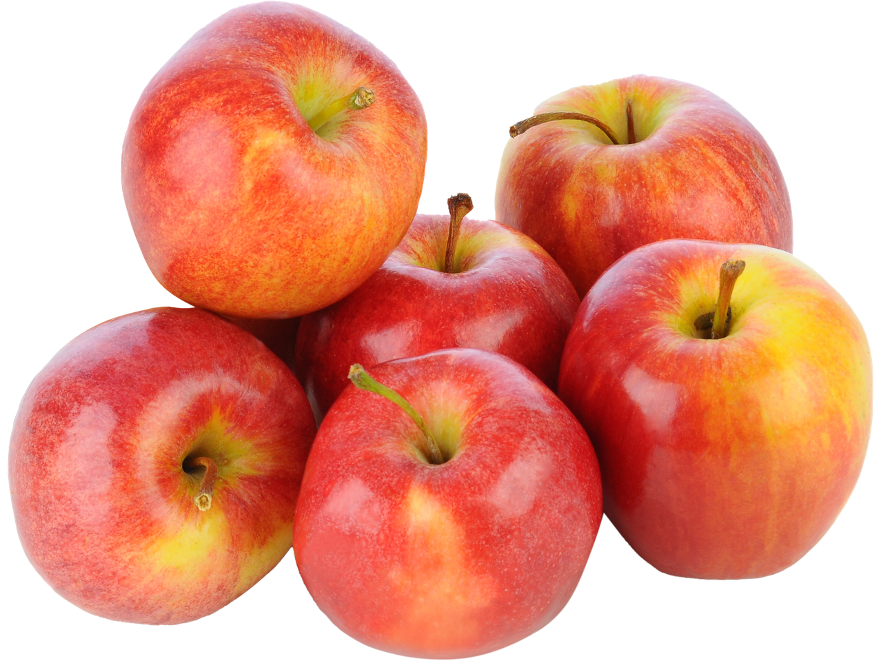 A pile of six red and yellow apples with stems on a black background.