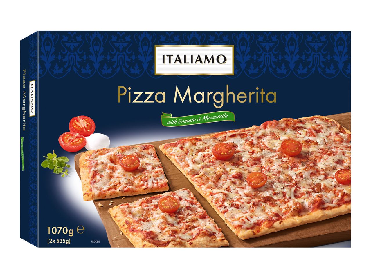Frozen Italianamo Margherita pizzas with mozzarella and tomatoes.