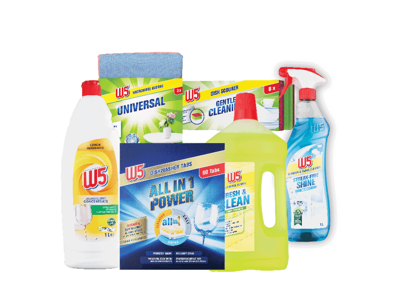 W5 indų plovikliai, indaplovės tabletės, šluostės ir valikliai.