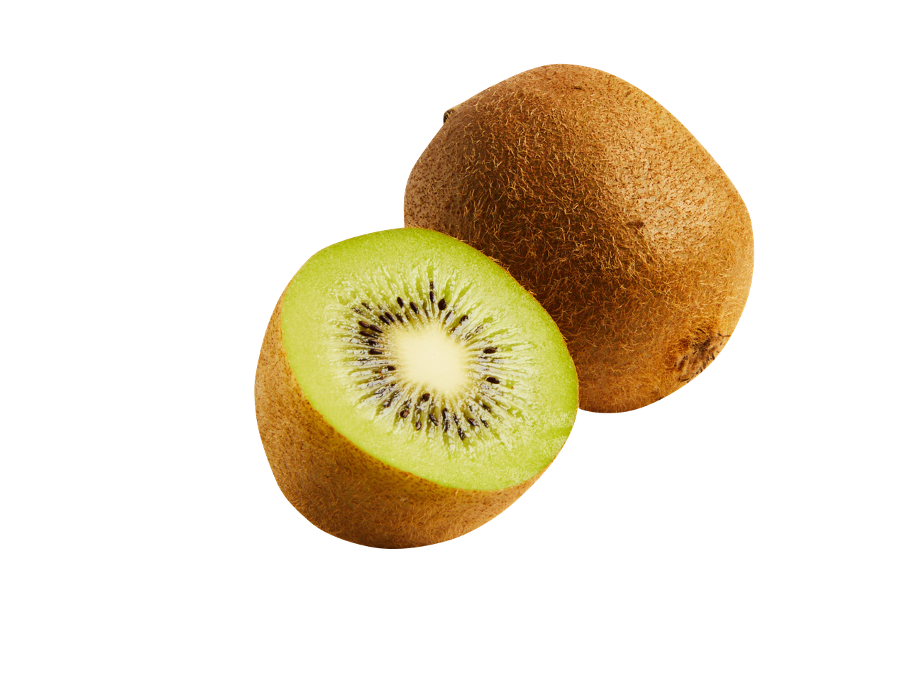 Kivi, jedan ceo i jedan prepolovljen, prikazujući zeleno meso i crne semenke.