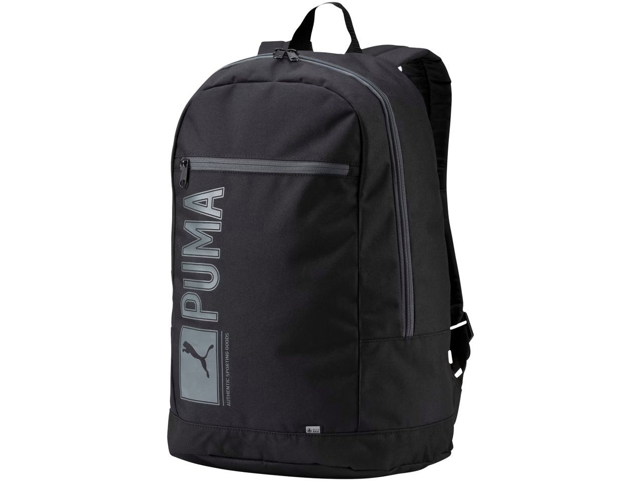 Zaino Puma nero con logo verticale grigio e cerniere grigie.