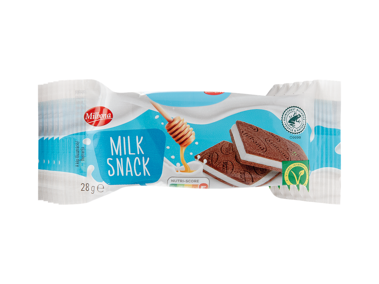 Pakiranje mliječnog snacka s čokoladnim keksima, medom i oznakama Rainforest Alliance i V-Label.
