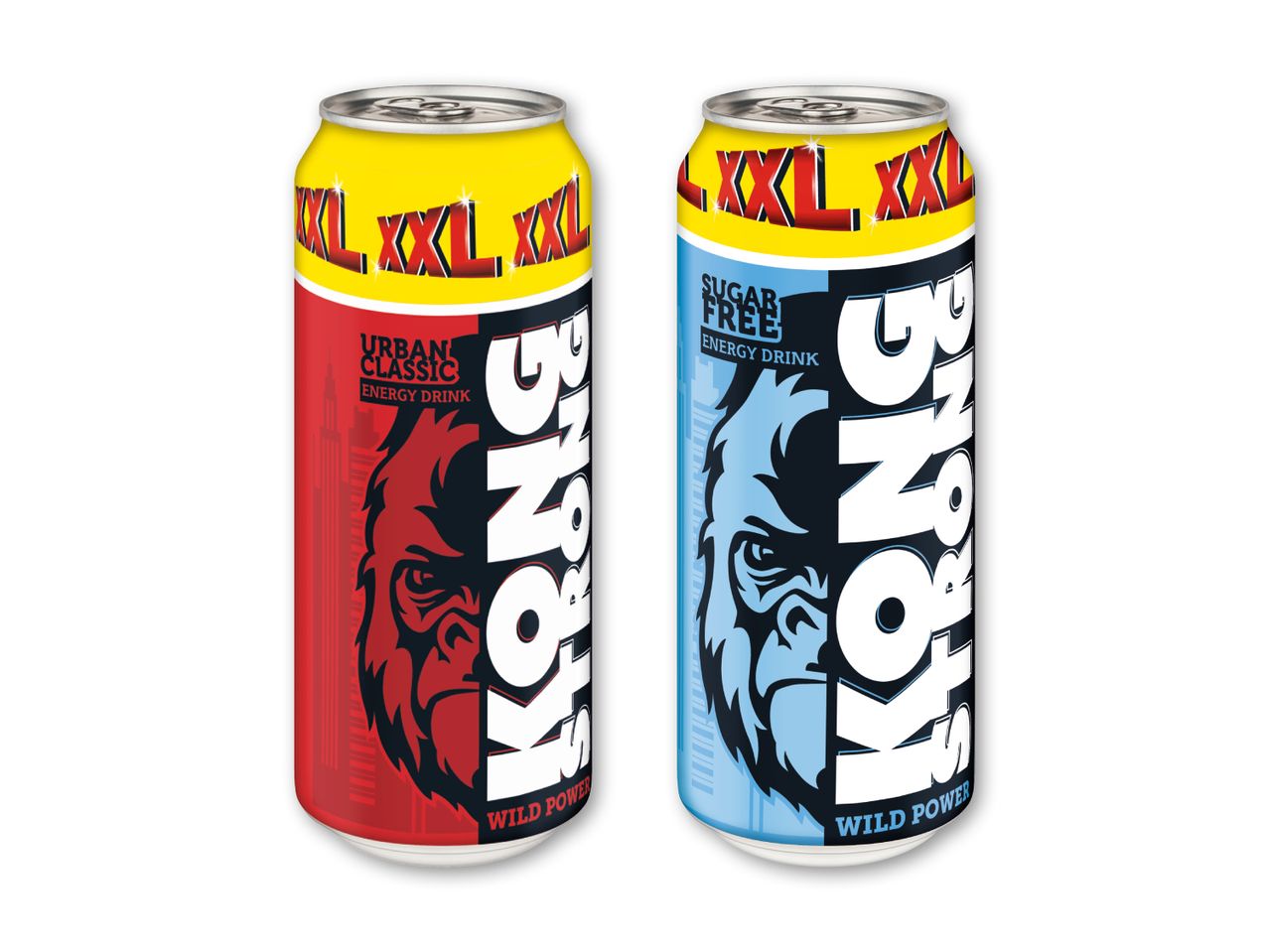 To energidrikke, en rød 'Urban Classic' og en blå 'Sugar Free', begge med 'XXL' og 'Wild Power' tekst.