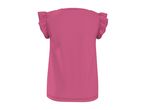 Pink short-sleeved top with ruffled sleeves, back view.