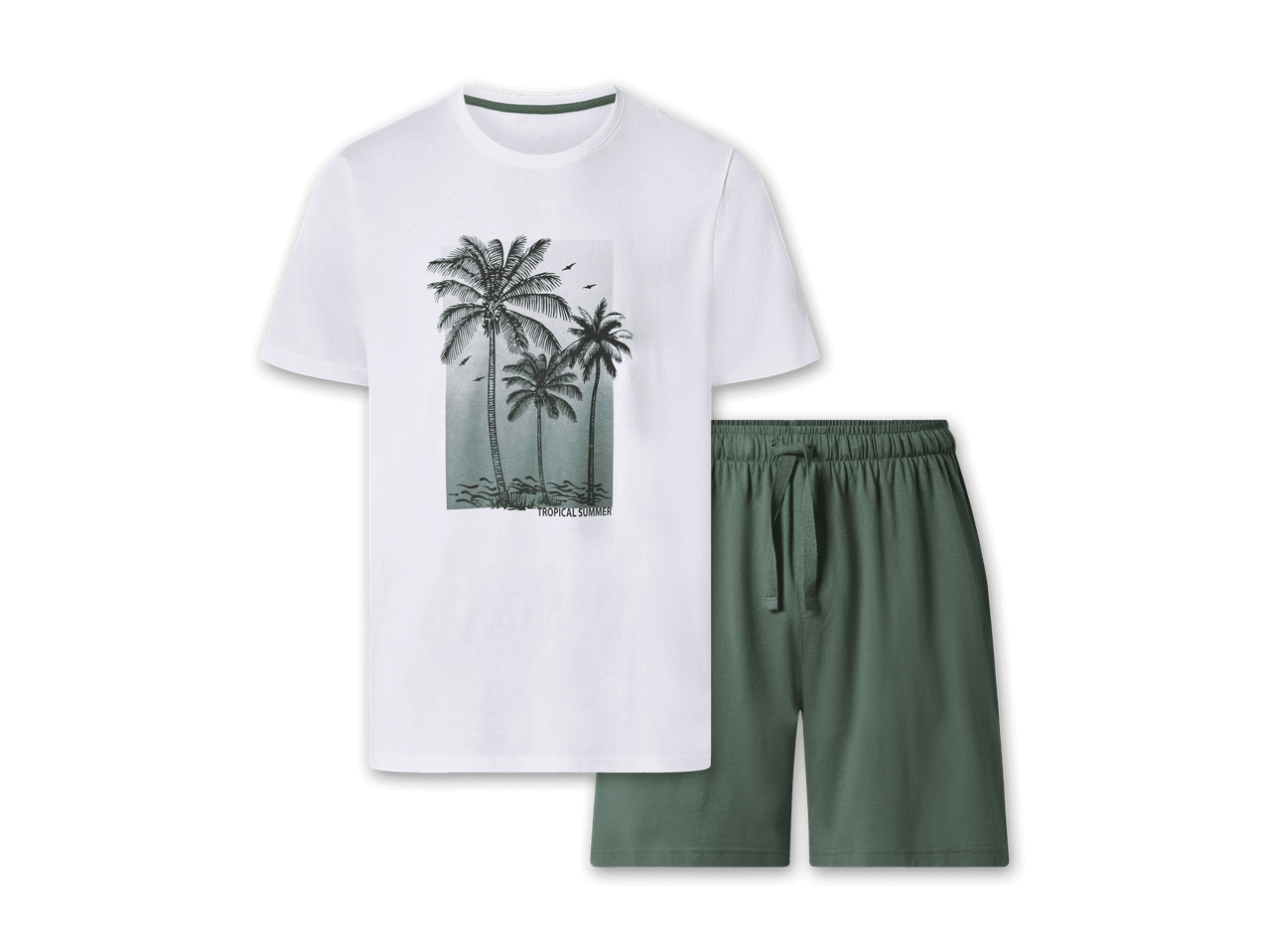 Weißes T-Shirt mit Palmen-Print und grüne Shorts