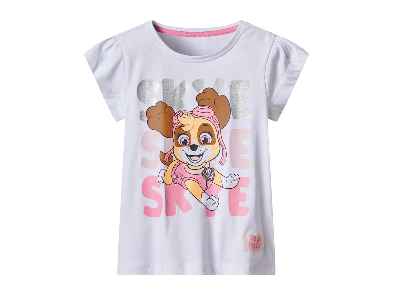 A white Paw Patrol t-shirt featuring Skye in a sporty design.