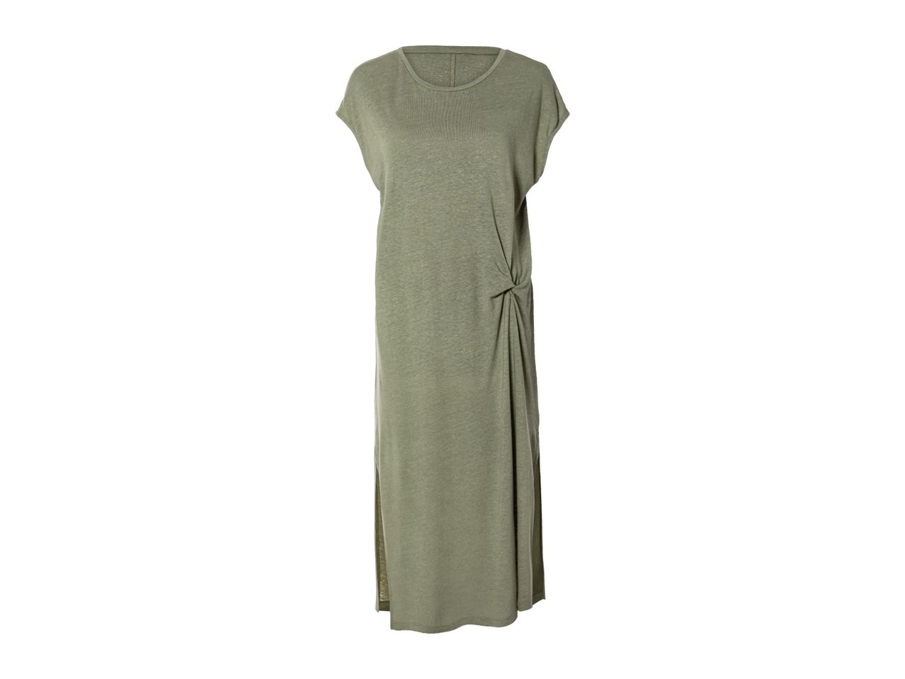 Green maxi dress with short sleeves and a side knot detail.