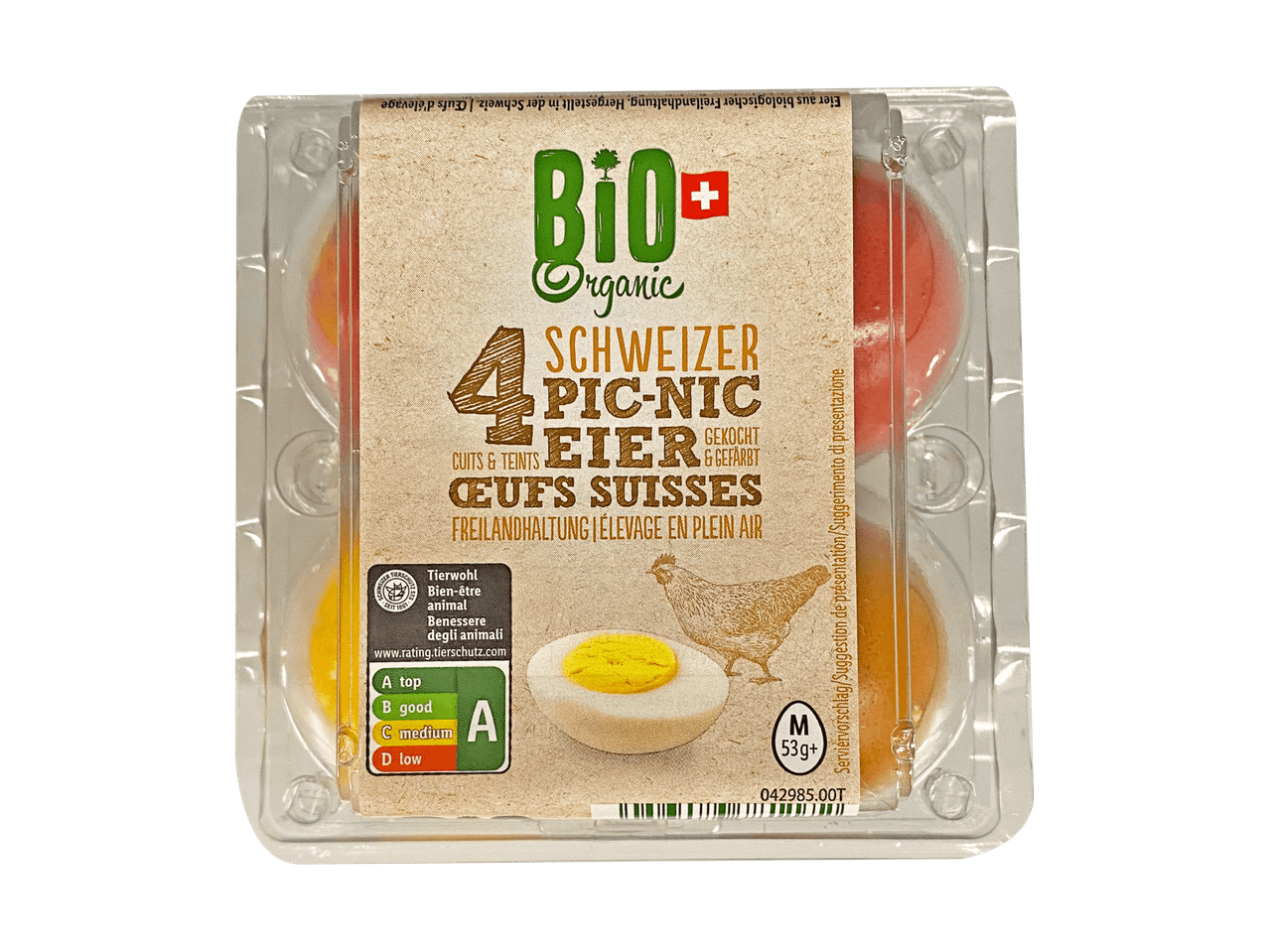 Bio-Eier in einer Verpackung mit der Aufschrift „Bio Organic Schweizer Pic-Nic Eier“.