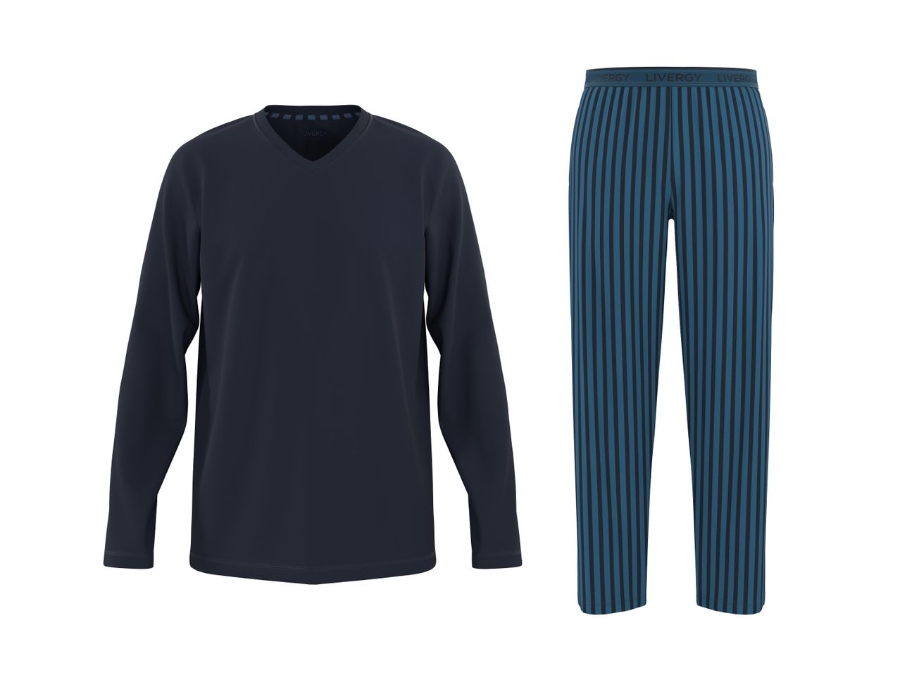 Pigiama da uomo blu navy con maglia a maniche lunghe e pantaloni a righe