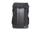 Sac à dos noir avec un motif de points blancs et des poches latérales en filet.