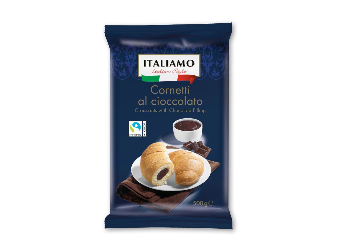 Mørkeblå emballage med chokoladecroissanter, chokoladefyld og chokoladebarer.
