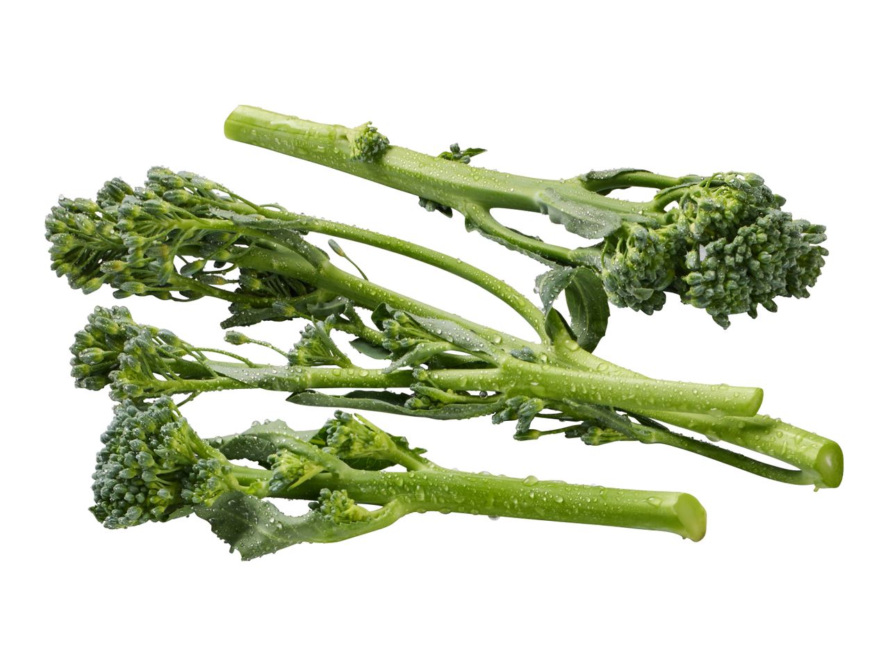 Fresh broccolini stems with florets and water droplets, arranged on a white background.