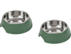 Two green pet bowls with stainless steel inserts.