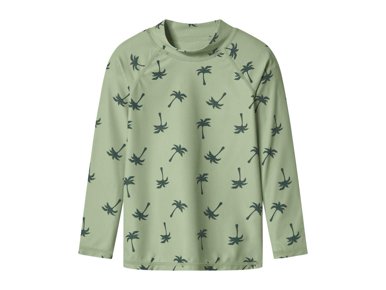 Long-sleeved rash guard in light green with dark green palm tree print
