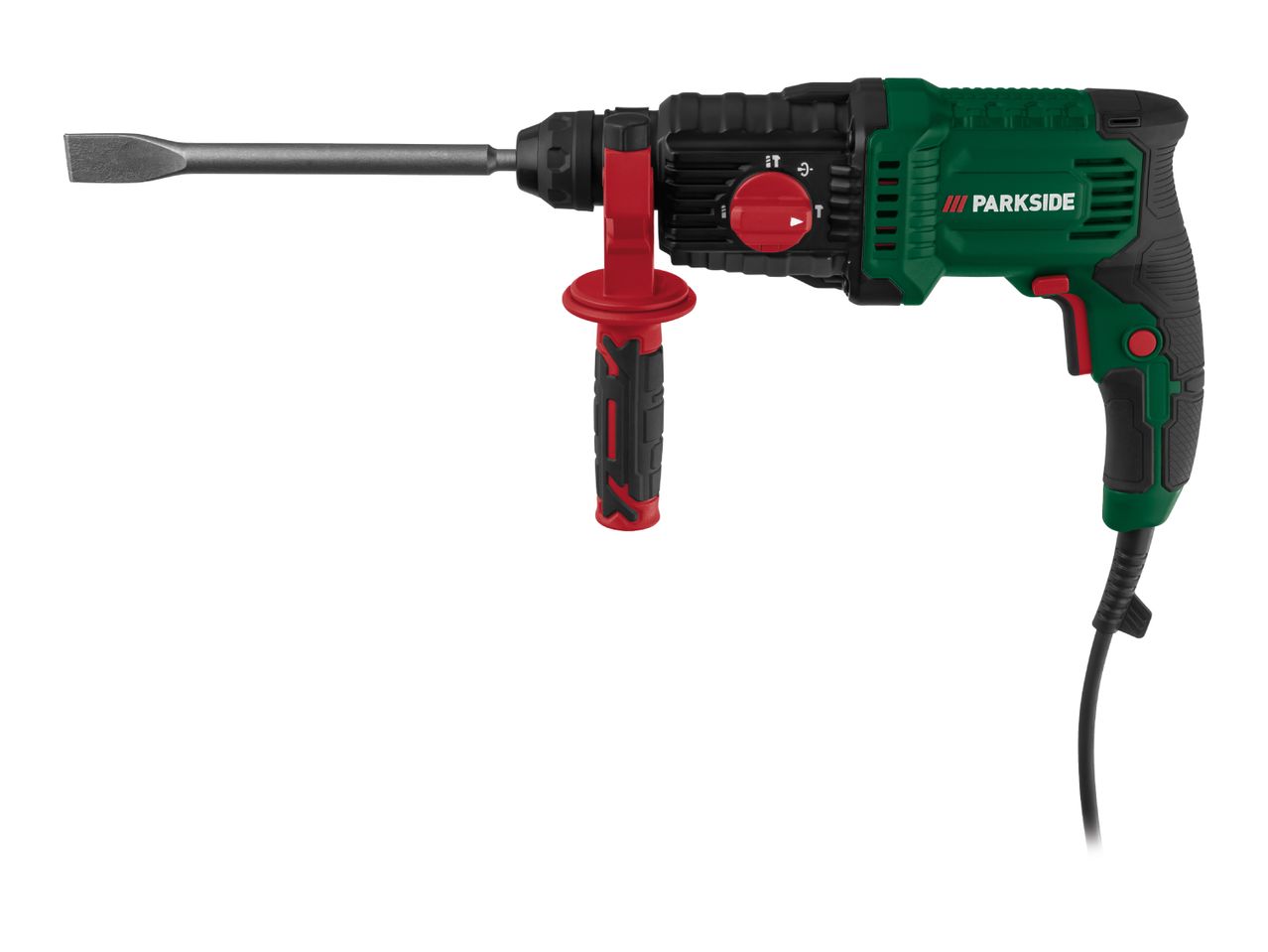 Green and black rotary hammer drill with a chisel bit and red accents