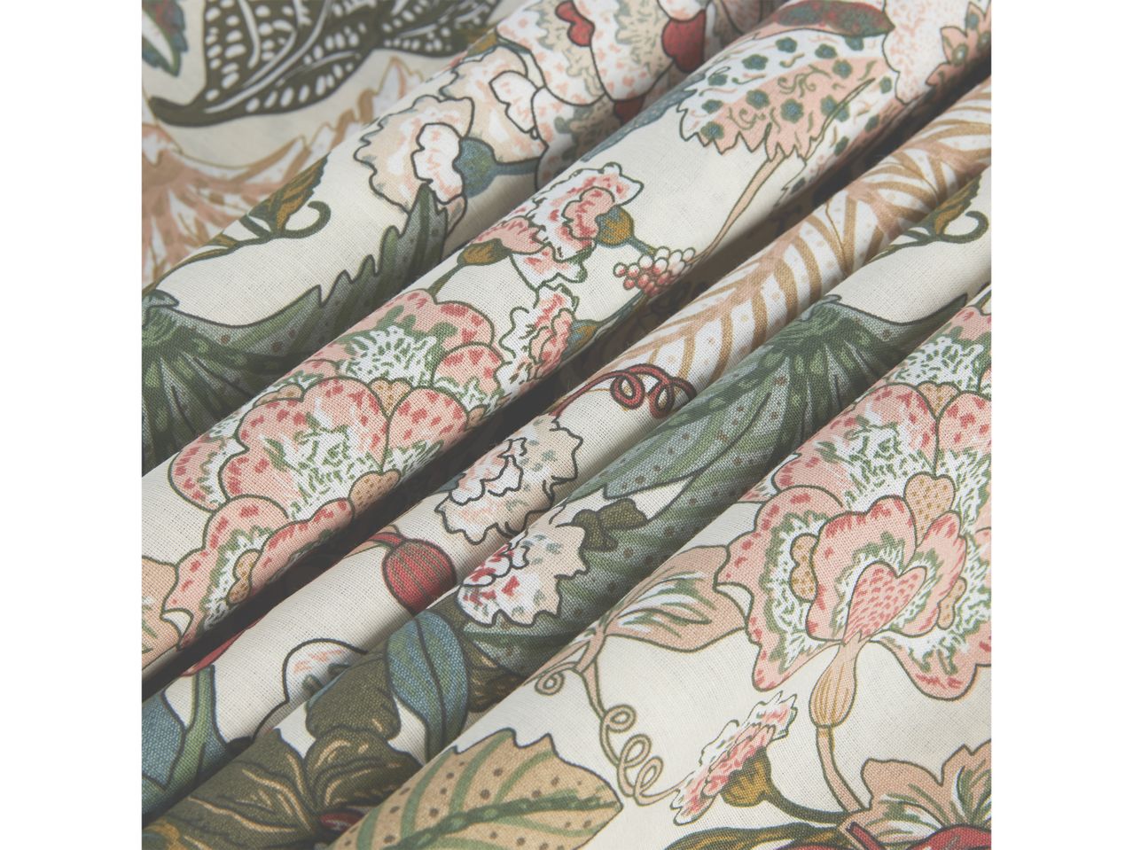 Floral fabric in muted pinks, greens, and browns.