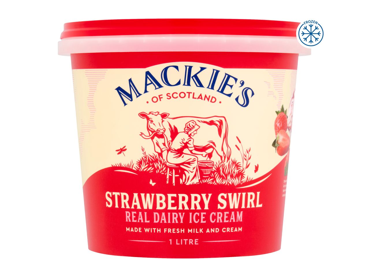 A tub of strawberry swirl real dairy ice cream with a red lid and a frozen symbol.