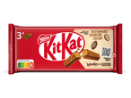Rode chocoladereepverpakking met 3 repen, Nutri-Score E en duurzaam geproduceerde cacao.